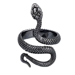 Anel Preto Prateado Cobra Ajustável Serpente Snake Punk Rock