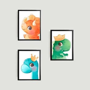 Kit 3 Quadros Dinossaurinhos Fofos 24X18Cm Preto