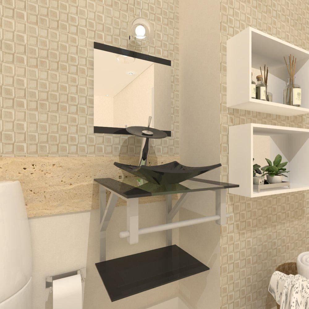 Gabinete De Vidro Banheiro 40Cm Com Torneira Cascata Preto
