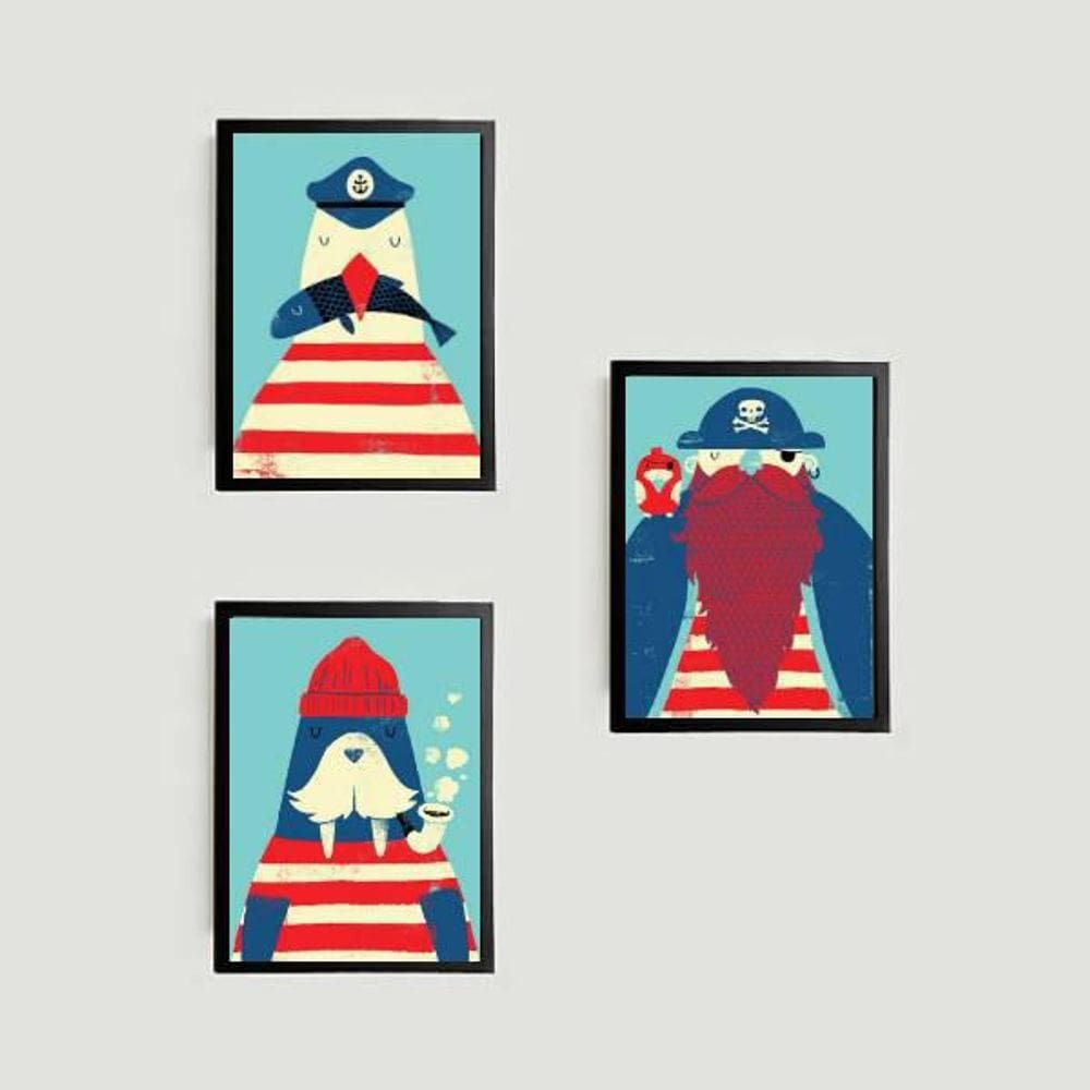 Kit 3 Quadros Infantis Marinheiros 24X18Cm