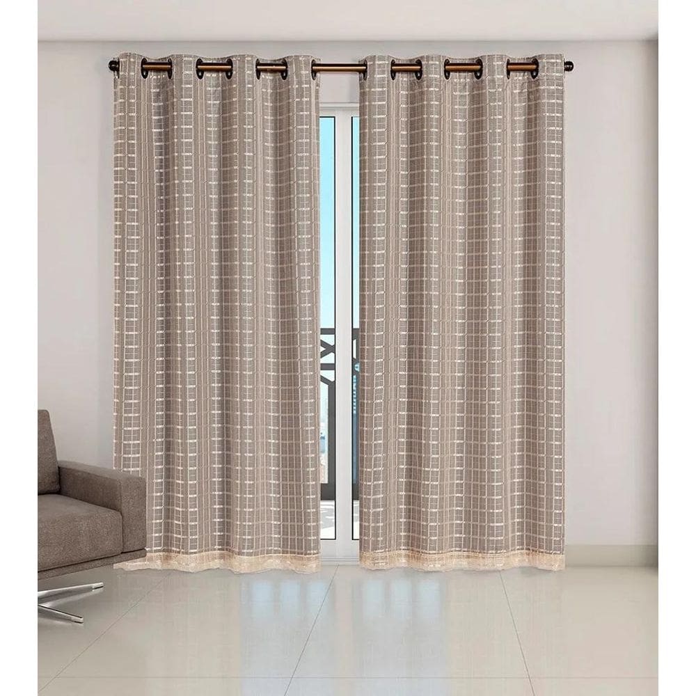Cortina Voil Xadrez Com Forro Blackout 3,00 X 2,60 Avelã