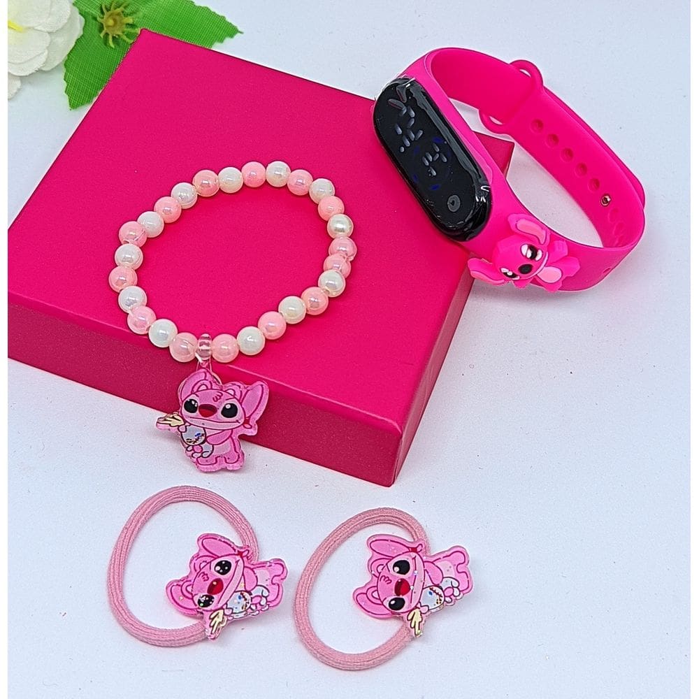 Relógio Infantil Digital Led Silicone Disney Lilo Angel e Stitch 3D + Kit Acessórios de Cabelo Xuxinhas Pulseira Miçanga