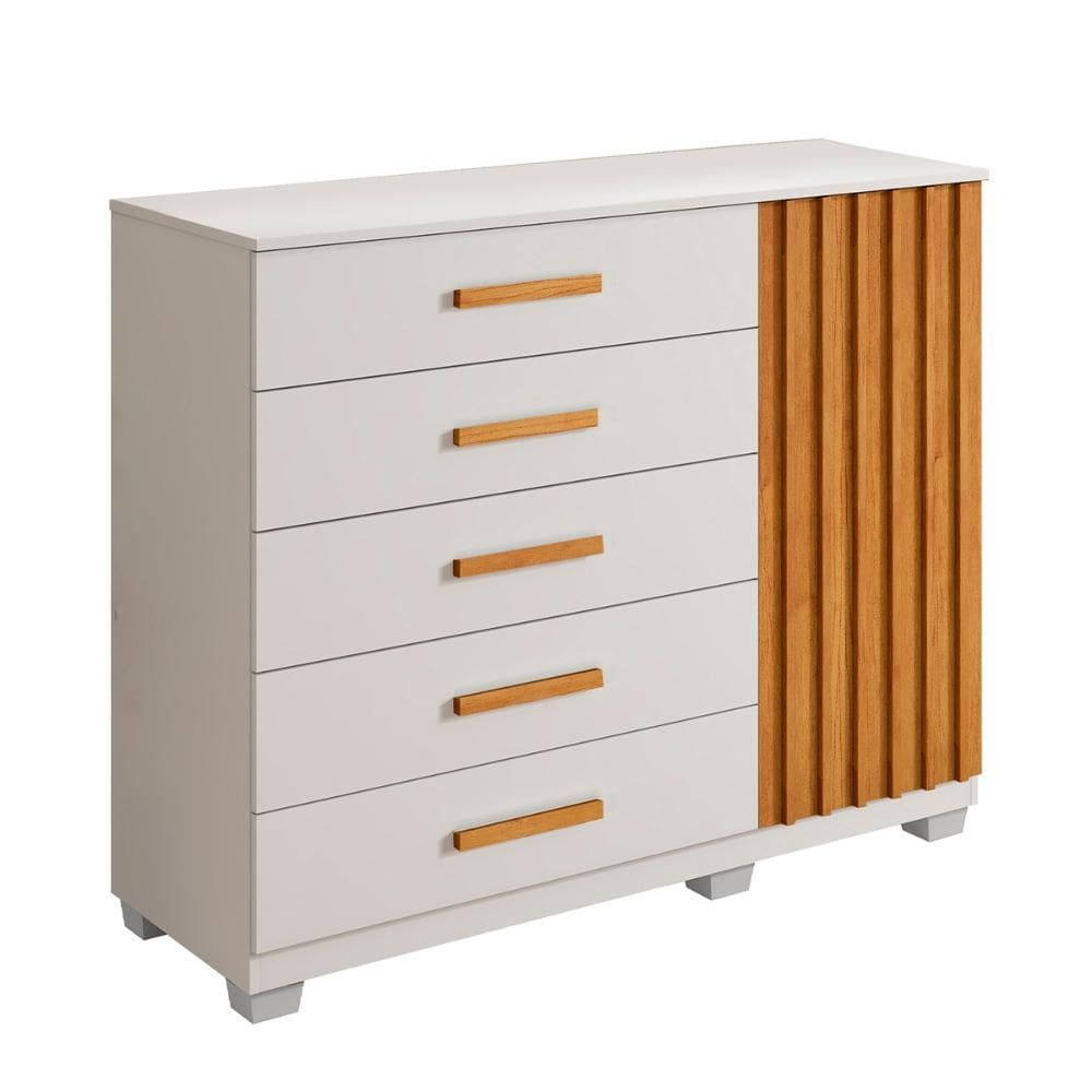 Comoda Paris Quarto com 5 Gavetas e 1 Porta Ripada