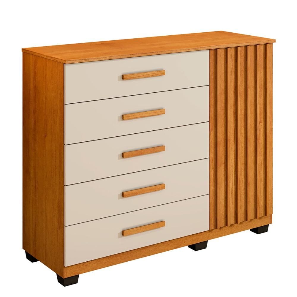 Comoda Paris Quarto com 5 Gavetas e 1 Porta Ripada