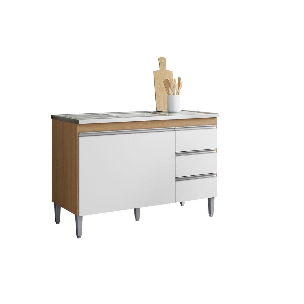 Balcão Gabinete de Pia Andréia 120cm Amêndoa/Branco S/ Tampo - AJL Móveis