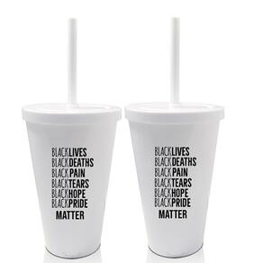 Kit 2 Copos Com Tampa E Canudo Branco Lista Black Lives