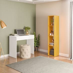 Conjunto 1 Mesa Escrivaninha 1 Gaveta Sevilha e 1 Estante Livreiro Modular 4 Nichos Delta Branco/Freijó
