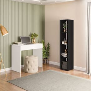 Conjunto 1 Mesa Escrivaninha 1 Gaveta Sevilha e 1 Estante Livreiro Modular 4 Nichos Delta Branco/Preto