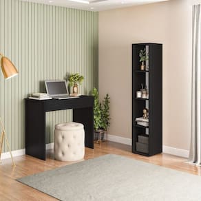 Conjunto 1 Mesa Escrivaninha 1 Gaveta Sevilha e 1 Estante Livreiro Modular 4 Nichos Delta Preto