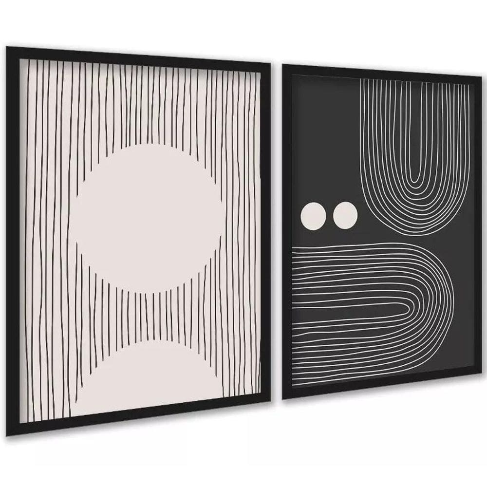 Kit 2 Quadros Abstratos Linhas Preto E Bege - Formas 33X24Cm