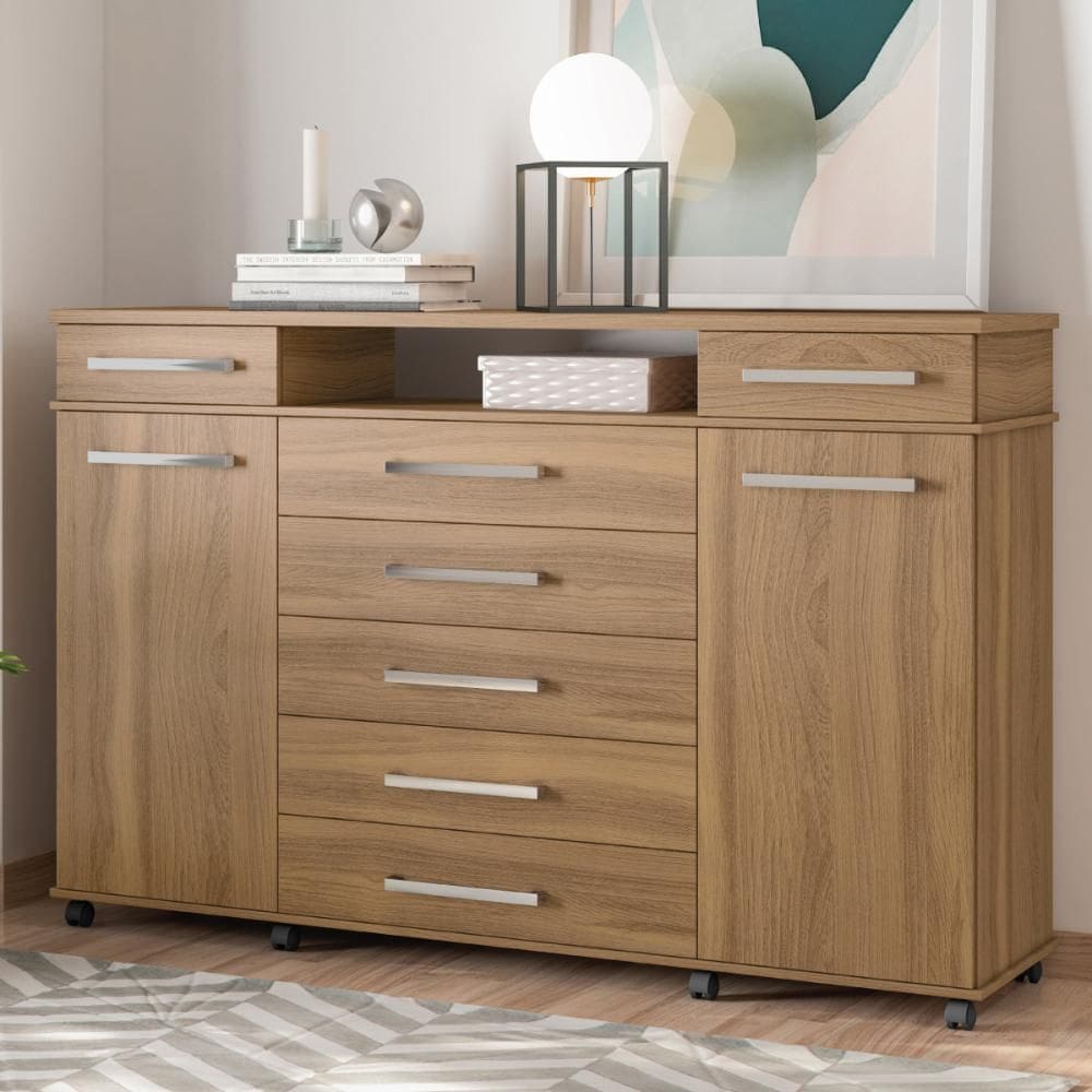 Cômoda London Quarto com 7 Gavetas 2 Portas e Rodízios