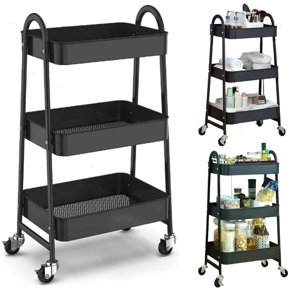 Carrinho Prateleira Organizador Escritório Sala 3 Andares Fruteira Aço Carbono Com Rodas 360º e Trava