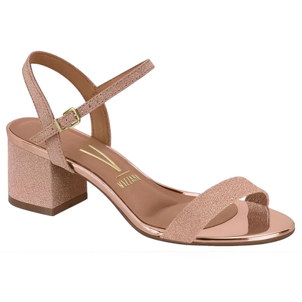 Sandália Vizzano Salto Bloco Fivela Metalizado Brilho Feminino Ouro Rosado