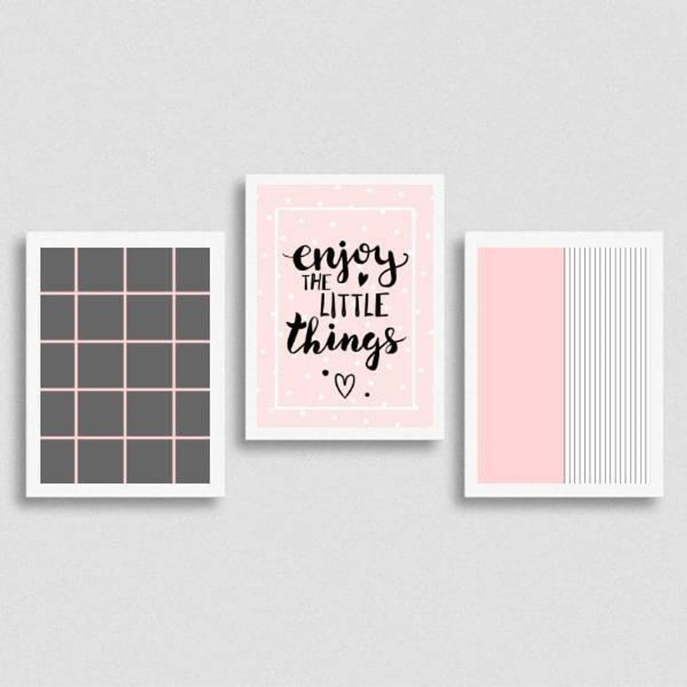Kit 3 Quadros Enjoy Rosa E Cinza 24X18Cm