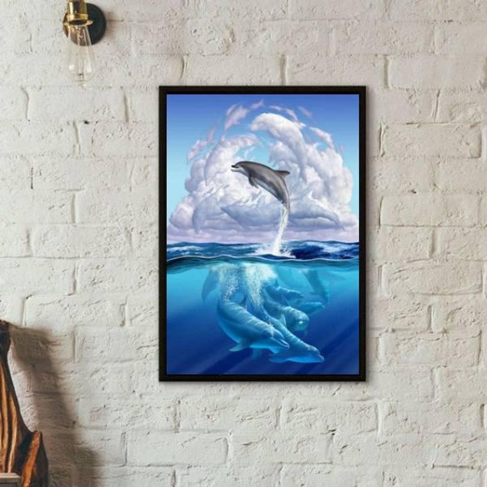 Quadro Decorativo Golfinhos No Mar 24X18Cm Moldura Preta