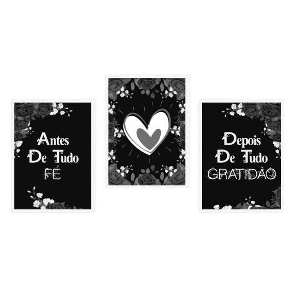 Kit 3 Quadros Fé e Gratidão Preto 33x24cm - Vidro