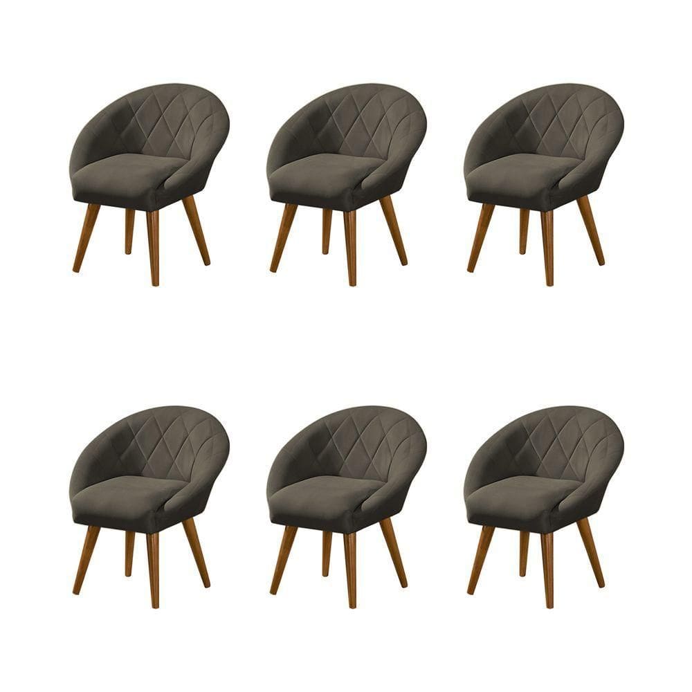 Kit 6 Poltronas Decorativa Canastra Estofada Linho Marrom Café Pés Palito Em Madeira Maciça
