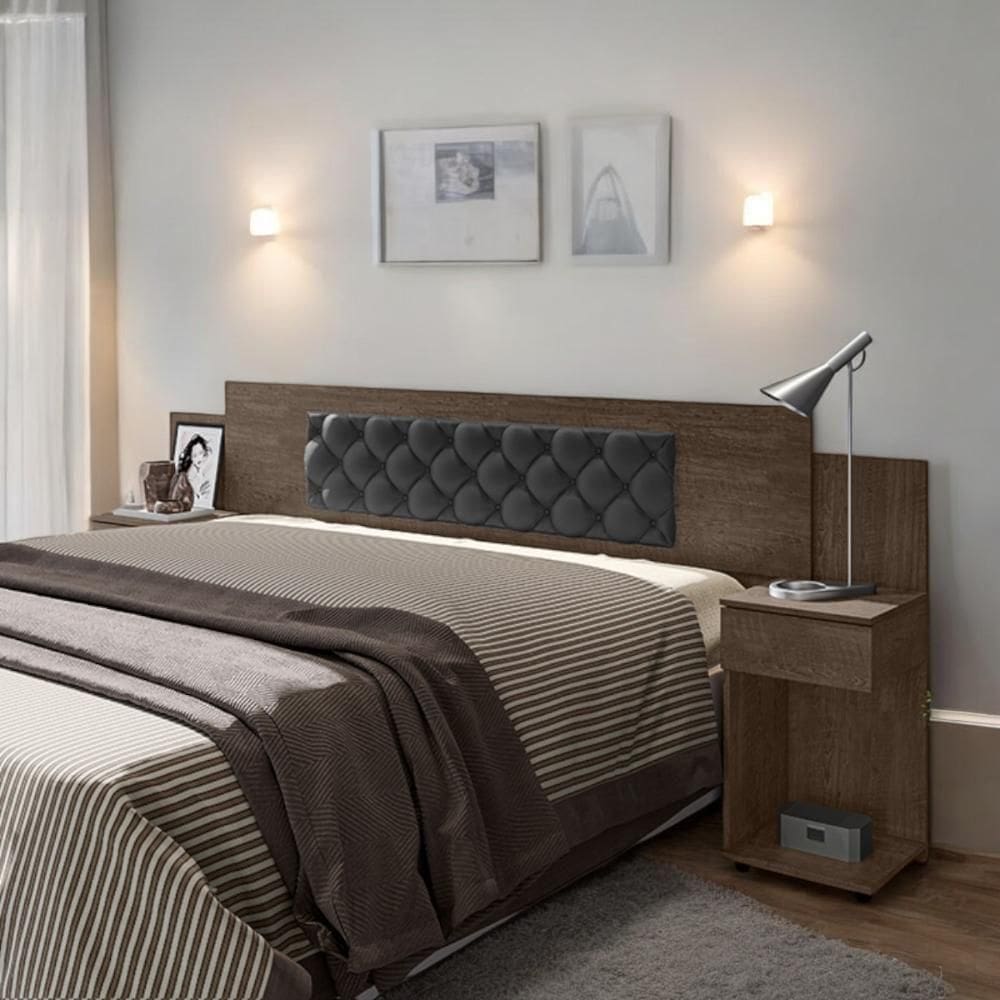 Cabeceira Ajustável Bruna Chocolate Com Capitonê Preto