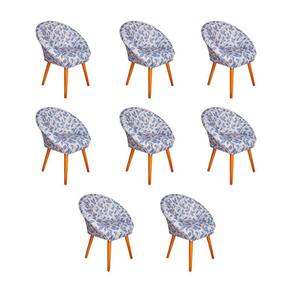 Kit 8 Poltronas Decorativa Canastra Estofada Veludo Floral Azul Pés Em Madeira Maciça