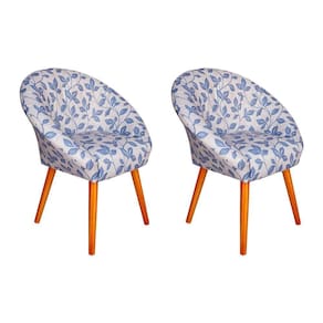 Kit 2 Poltronas Decorativa Canastra Estofada Veludo Floral Azul Pés Em Madeira Maciça