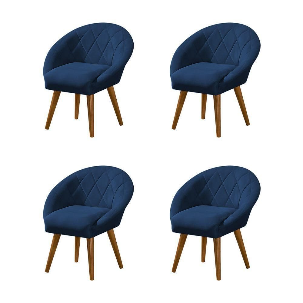 Kit 4 Poltronas Decorativa Canastra Estofada Veludo Azul Marinho Pés Palito Em Madeira Maciça
