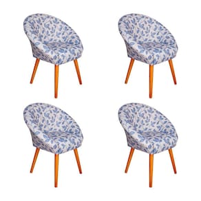 Kit 4 Poltronas Decorativa Canastra Estofada Veludo Floral Azul Pés Em Madeira Maciça