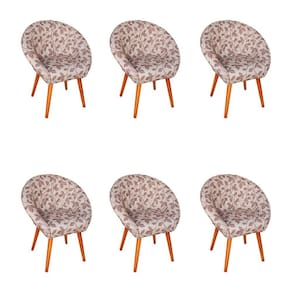 Kit 6 Poltronas Decorativa Canastra Estofada Veludo Floral Marrom Pés Palito Em Madeira Maciça