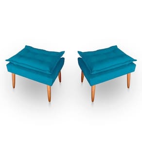 Kit 02 Puff Para Sala E Quarto Madeira Decorativo Opala Suede Azul Turqueza