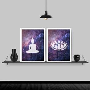 Kit 2 Quadros Buda Flor De Lotus Galaxia 45X34 Vidro Branca