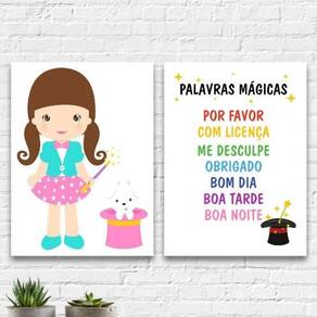 Kit 2 Quadros Infantis Palavras Mágicas 24X18 C/Vidro Branca