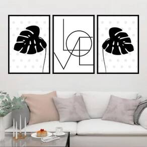 Kit 3 Quadros Folhas Pretas Love 33X24 C/Vidro Madeira Preta