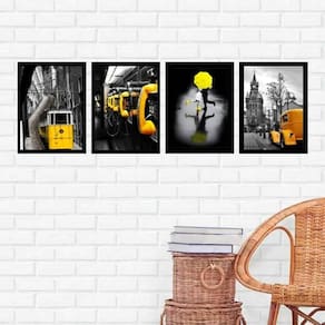 Kit 4 Quadros Fotografias Amarelas 45X34Cm Com Vidro Preta