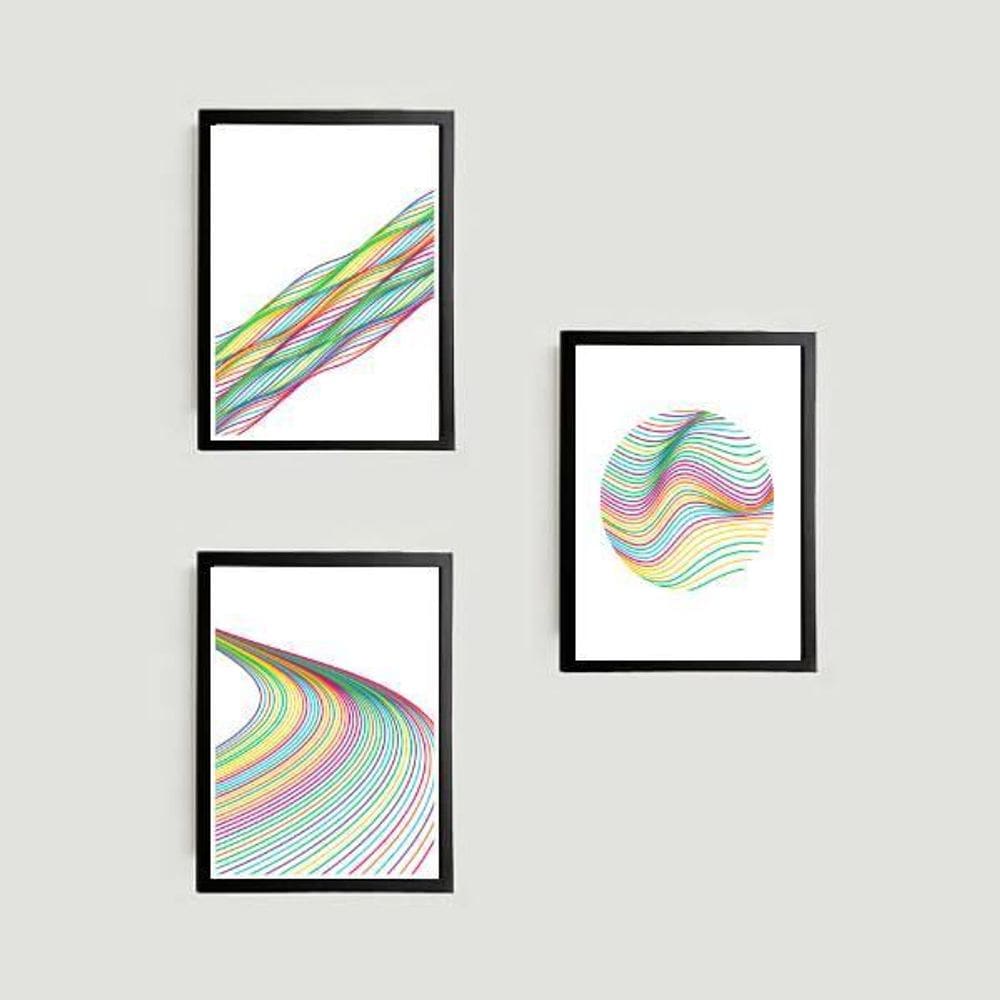 Kit 3 Quadros Abstratos Linhas Coloridas 45X34 Vidro Preta