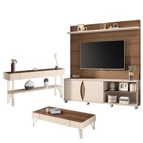 Estante Home Theater Luxor e Aparador Vivant e Mesa Cadenza Castanho Off White - HB Móveis
