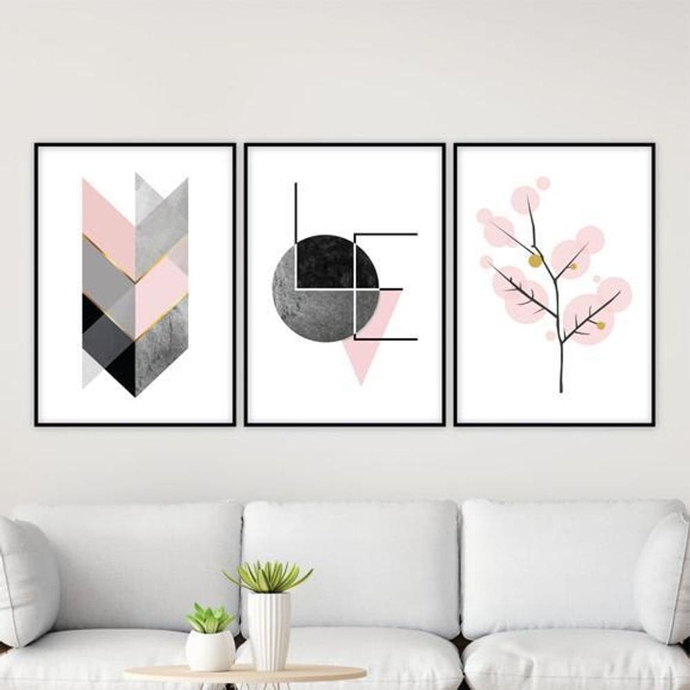 Kit 3 Quadros Geométricos Árvore Love 45X34 C/Vidro - Branca