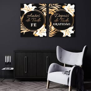 Kit 2 Quadros Fé Gratidão Preto Dourado 33X24 C/Vidro Preta