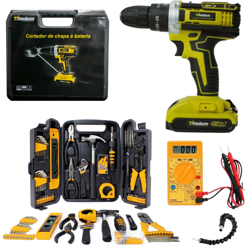 Parafusadeira a Bateria 21v com 35 Acessórios e Cortador de Chapa + Kit de Ferramenta com 129 pcs Fasterr