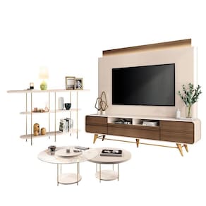Estante Home Theater Nobre Off White Castanho e Aparador Infinity e Kit Mesa de centro Sky Off White– HB Móveis