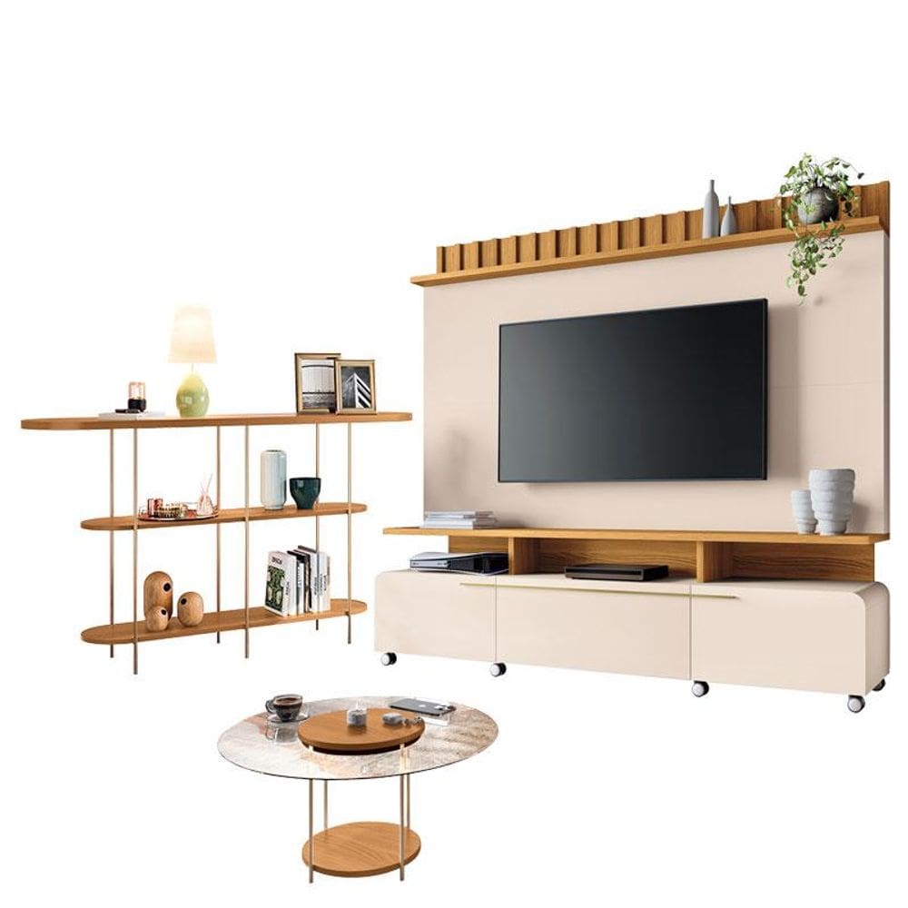 Estante Home Theater Artís Off White Cinamomo e Aparador Infinity e Mesa de Centro Sky com tampo de vidro Cinamomo– HB Móveis