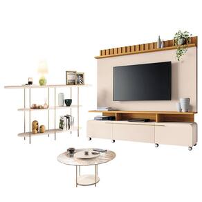 Estante Home Theater Artís Off White Cinamomo e Aparador Infinity e Mesa de centro Sky com tampo de vidro Off White – HB Móveis