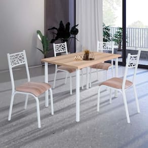 Conjunto De Mesa Sala De Jantar Com 4 Cadeiras Em Aço Branco Carvalho Com Estofado Capuccino Tizo