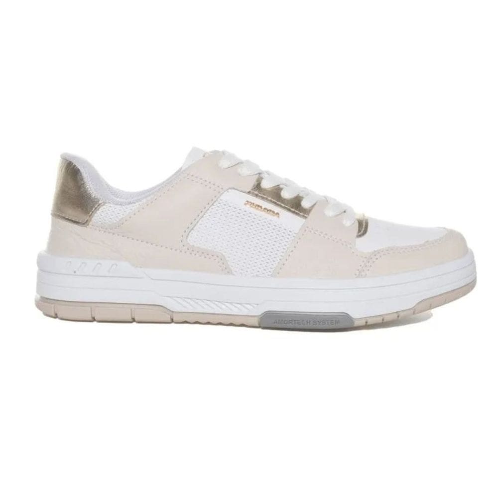 Tênis Pegada Casual Couro Amortech Feminino Branco Dourado