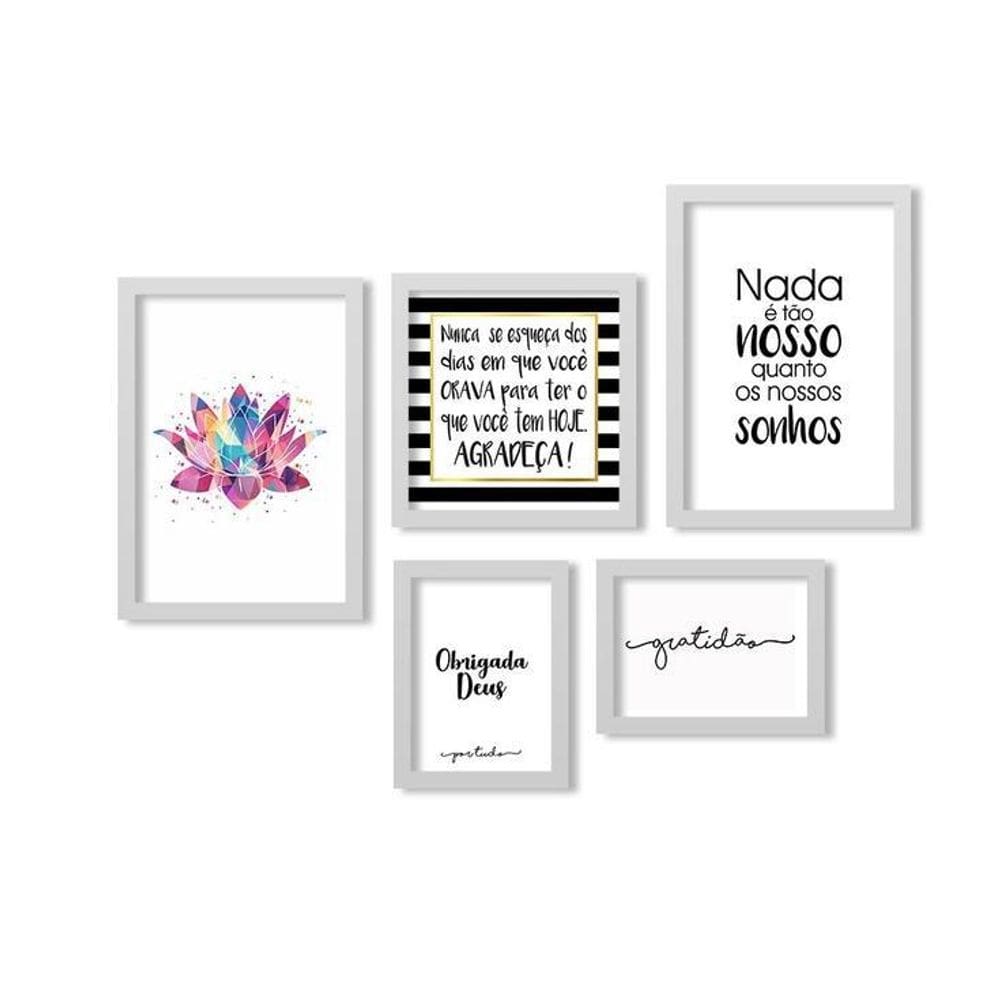 Kit 5 Quadros Decorativos Moldura Branca Lotus Agradeça