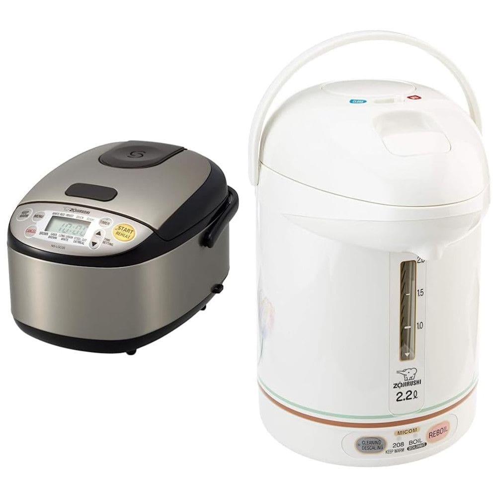 Panela de Arroz Zojirushi NS-LGC05XB Micom e Aquecedor, 3 xícaras (cruas), Aço Inox Preto e CW-PZC22FC Super Boiler Micom 2,2L, Floral, 2,2