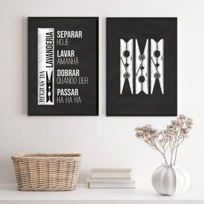 Kit 2 Quadros Decorativos Lavanderia P/B 24x18cm - Vidro