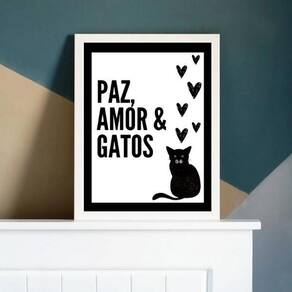 Quadro Decorativo Paz Amor E Gatos 33X24Cm Com Vidro Branca