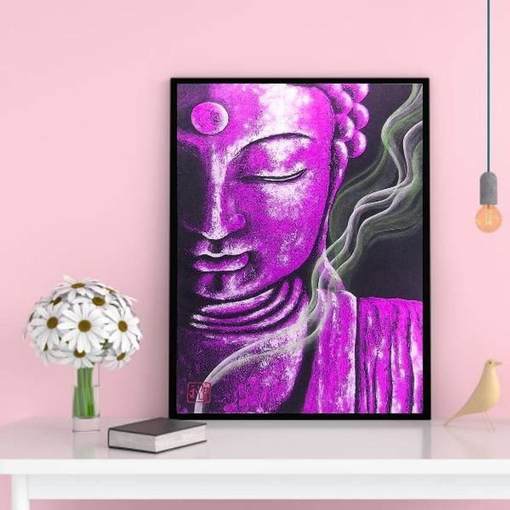 Quadro Decorativo Buda Roxo 45x34cm Moldura de Madeira Preta