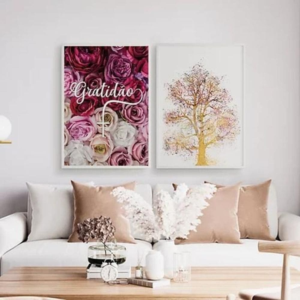 Kit 2 Quadros Gratidão Flores E Árvore 33X24 Madeira Branca
