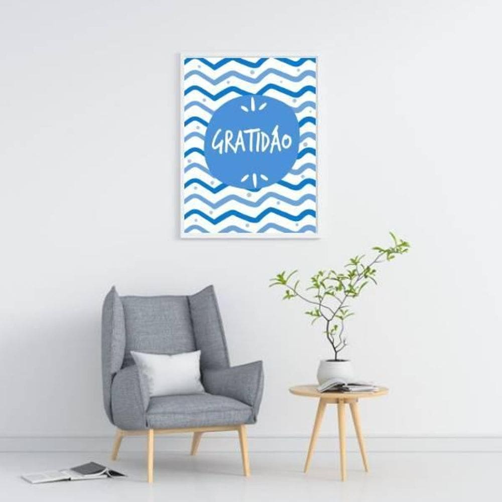 Quadro Palavra Gratidão Azul 45X34 Com Vidro Moldura Branca