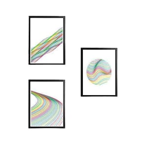 Kit 3 Quadros Abstratos Linhas Coloridas 33X24 C/Vidro Preta
